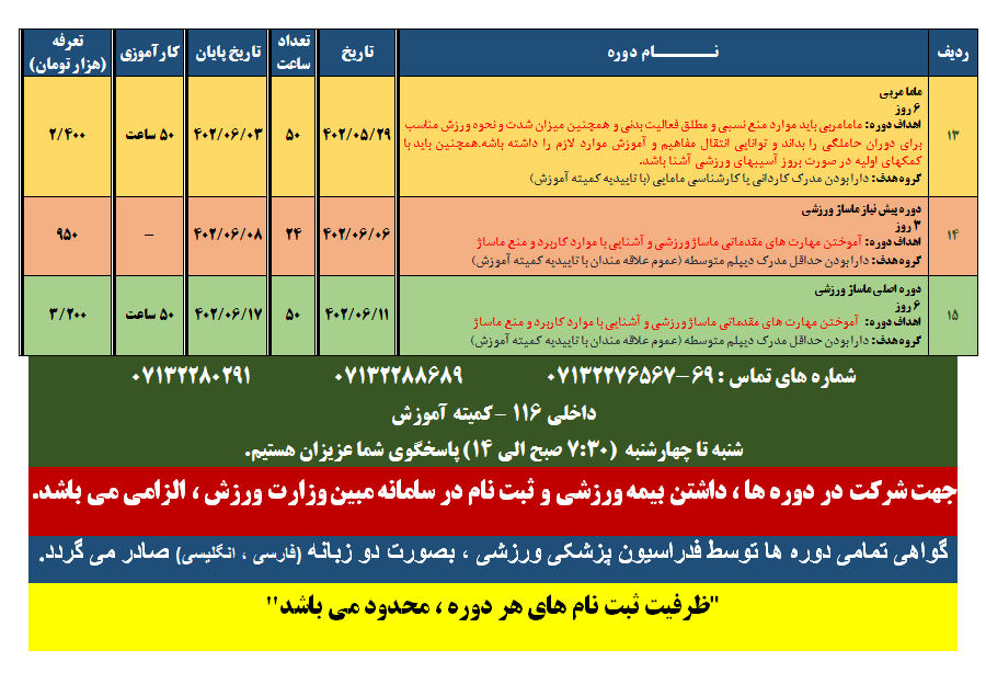 اعلام تقویم دوره های آموزشی هیات پزشکی ورزشی فارس در 6 ماهه اول سال 1402