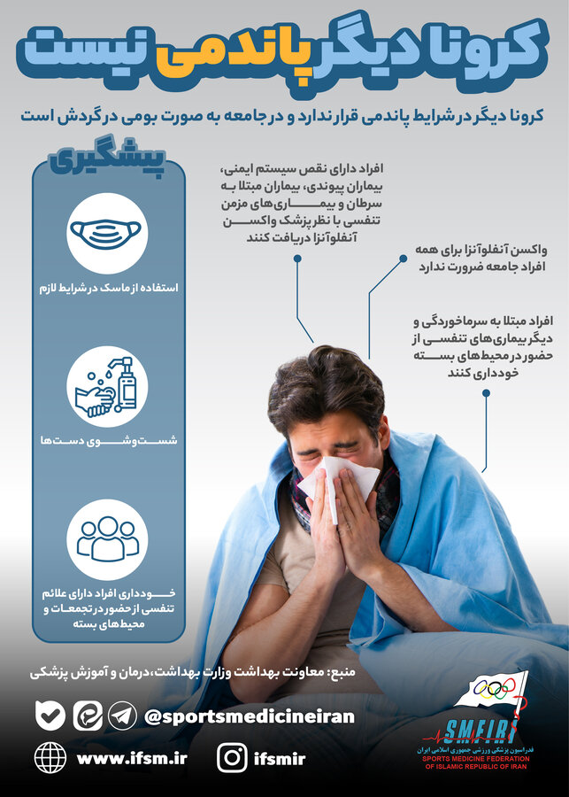ایتفوگرافیک اختصاصی فدراسیون پزشکی ورزشی/کرونا دیگر پاندمی نیست